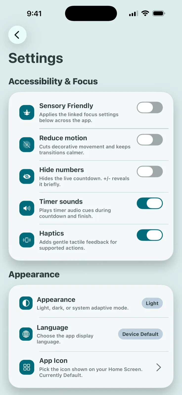 TickTod's accessibility settings, including reduce motion and hide numbers